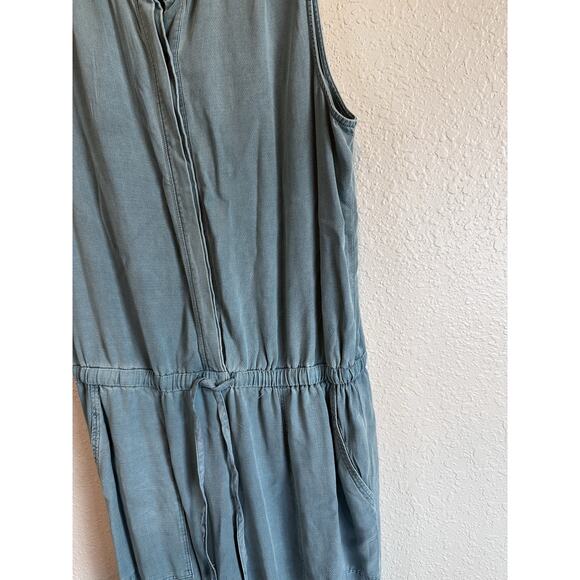 Splendid Chambray Jumpsuit L Medium green Indigo Drawstring Waist Pocket Tapered - Picture 6 of 11